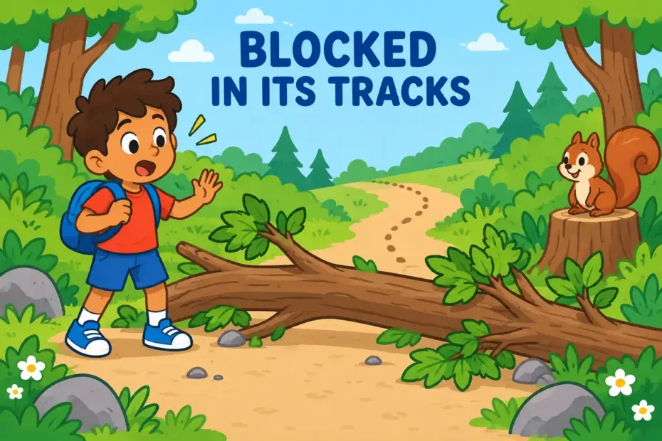 A cartoon child looks at a path blocked by a fallen branch, showing stymie in a sentence as an obstacle that stops progress.