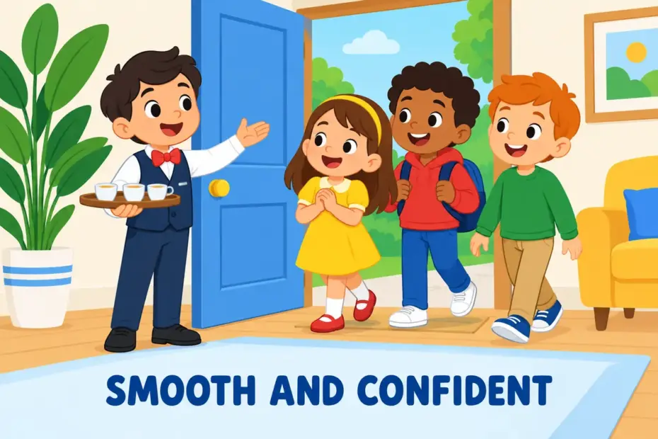 Cartoon children watch a poised host welcome guests at a party door, showing suave in a sentence.