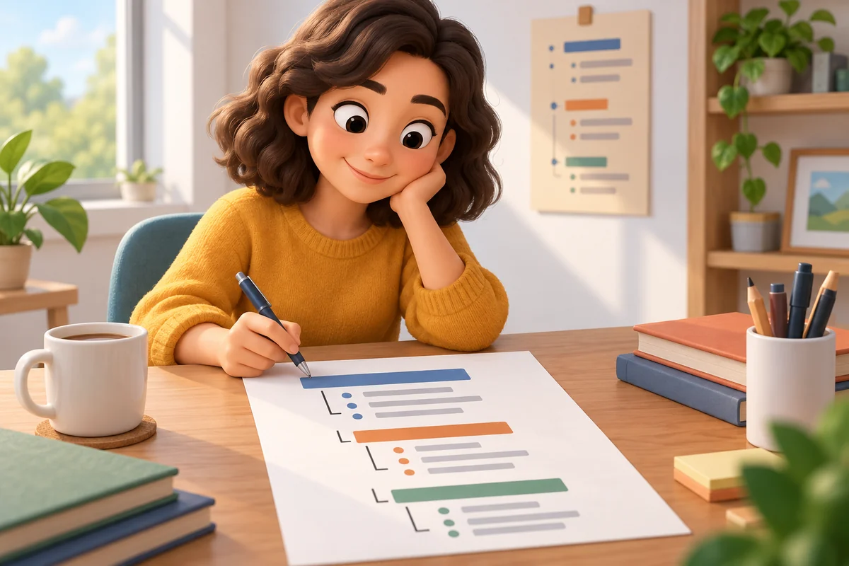 A writer organizes a report outline with main headings and indented subheadings.