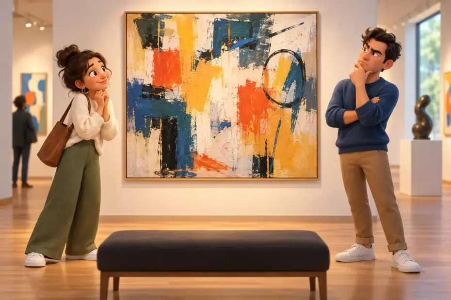 Two gallery visitors responding differently to one abstract painting.
