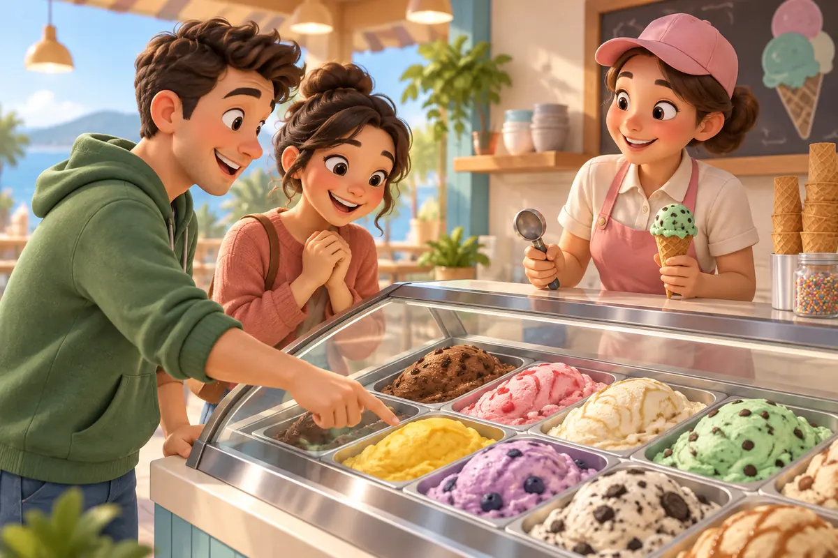 Two people choosing different ice cream flavors at a friendly counter.