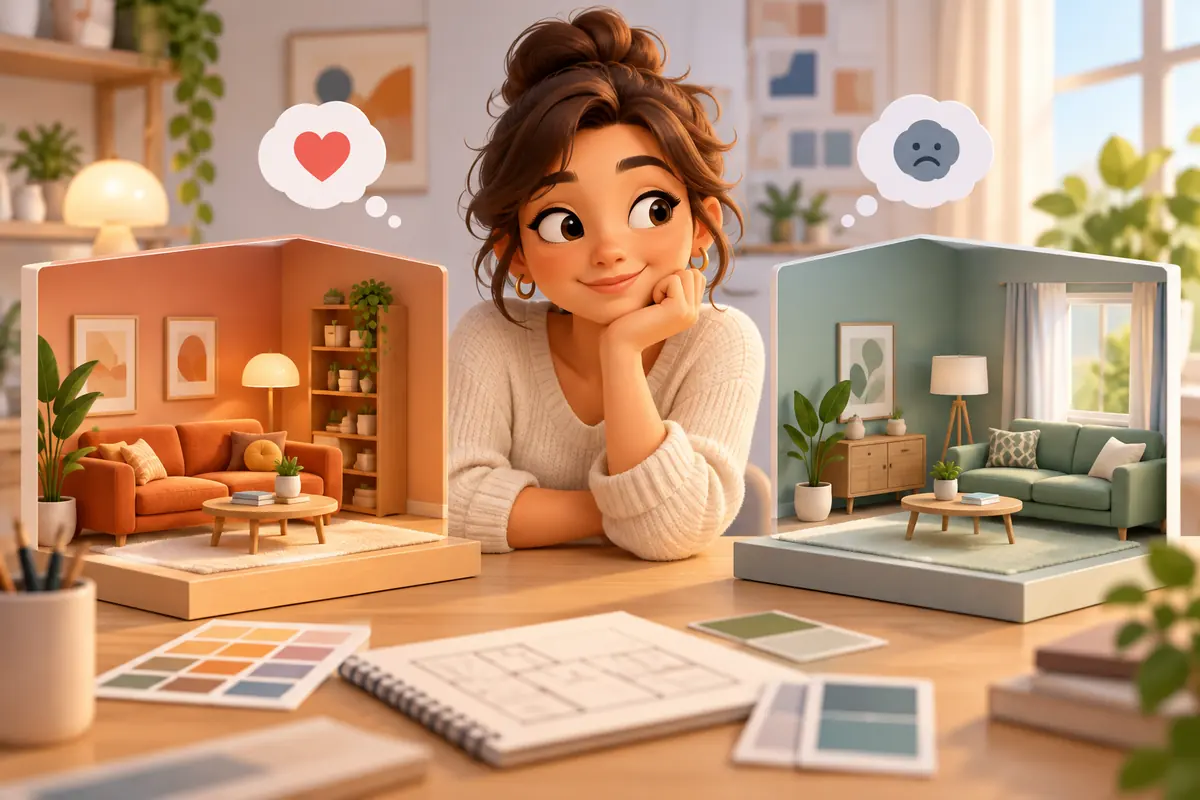 A designer comparing two colorful room models with different personal reactions.