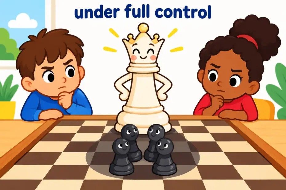 Cartoon chess pieces show one tall queen looming over small pawns, illustrating subjugate in a sentence as complete control.