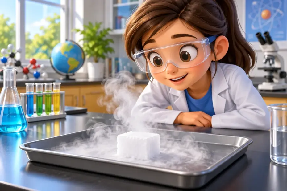 A science student observes a block of dry ice releasing a cloud of vapor on a laboratory tray.