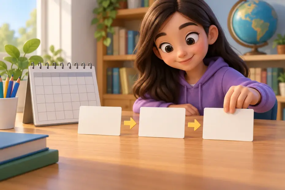 A student arranges three blank timeline cards in order beside a calendar.