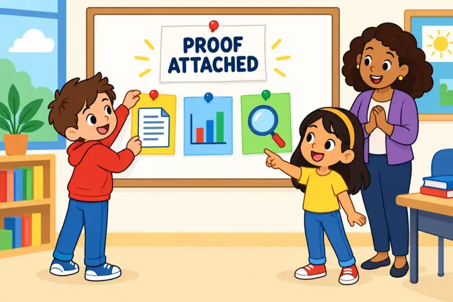 Cartoon pupils pin evidence cards beside a written claim on a board, showing substantiate in a sentence as backing a claim with proof.