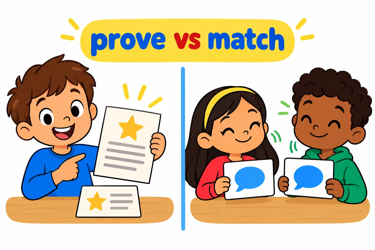 A split cartoon contrasts one child proving a point with a document against two children matching identical testimony cards.