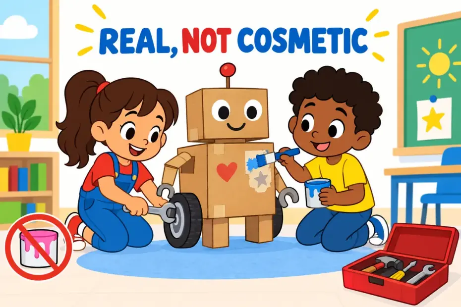 Cartoon pupils rebuild a cardboard robot so it really moves, illustrating substantive in a sentence as real change.