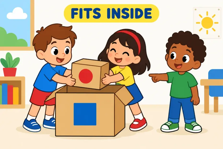 Cartoon children tuck a small labelled box inside a much larger crate, showing subsume in a sentence as absorption into a class.