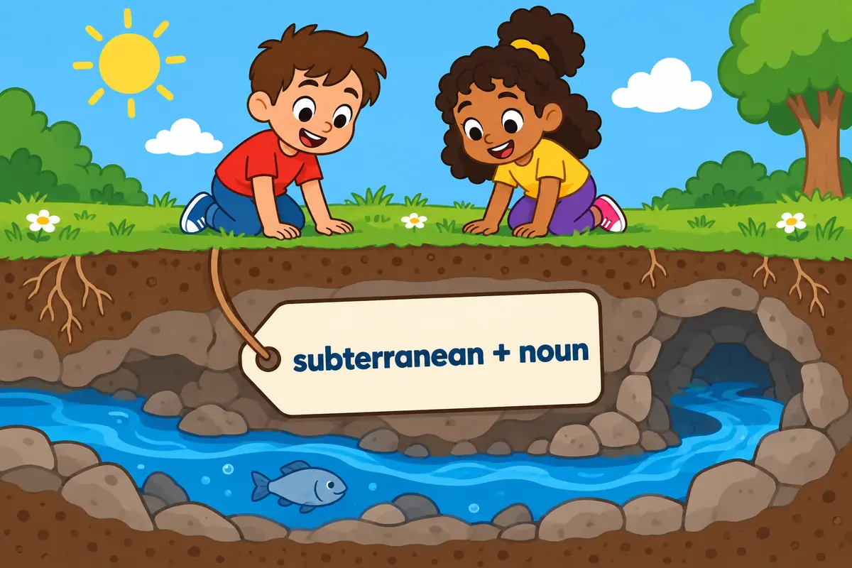 A cartoon cutaway shows children above a sunny field while a river and cave lie beneath them, illustrating subterranean in a sentence.