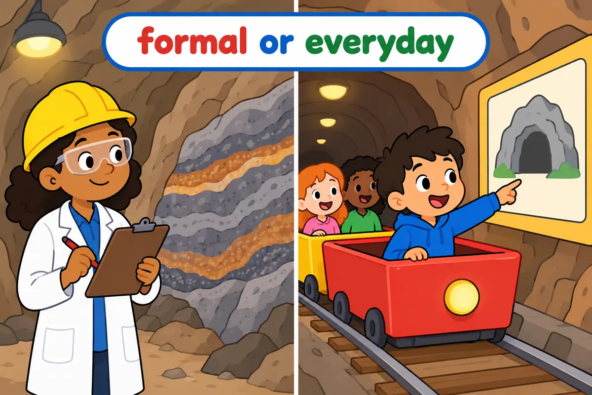 A cartoon split scene contrasts a formal subterranean tunnel label with a plain underground train sign.