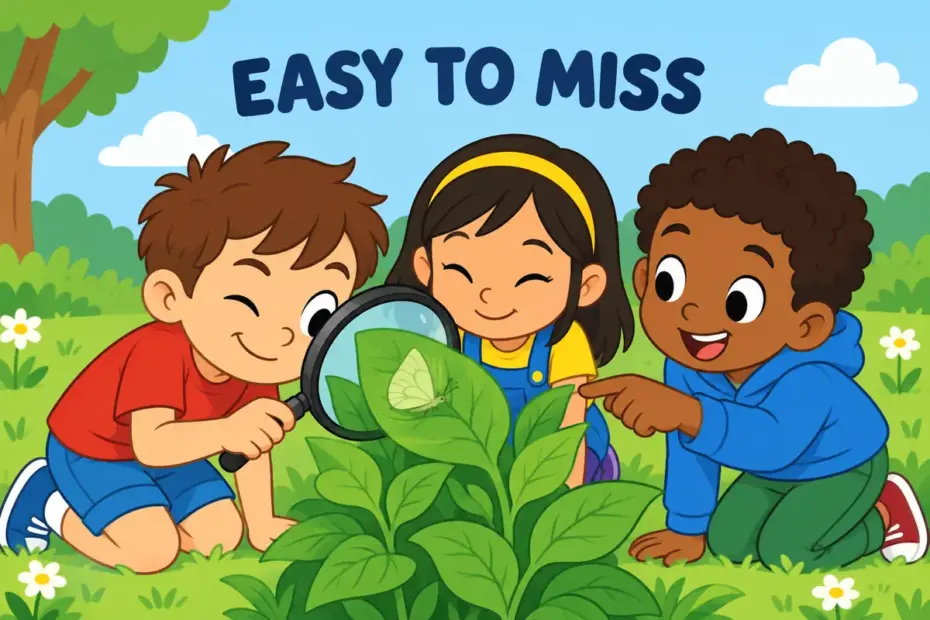 Cartoon children lean close to spot a faint pattern, showing subtle in a sentence as something present but easy to miss.