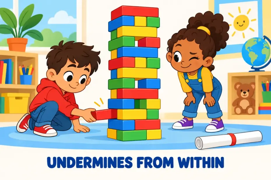 Cartoon children watch a small poster quietly loosen the bricks of a tall toy tower, showing subversive in a sentence.
