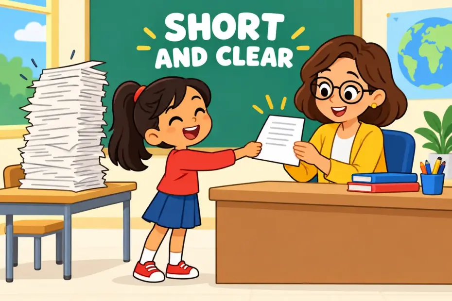 Cartoon pupils compare one tidy note with a stack of long drafts, showing succinct in a sentence as brief but complete.