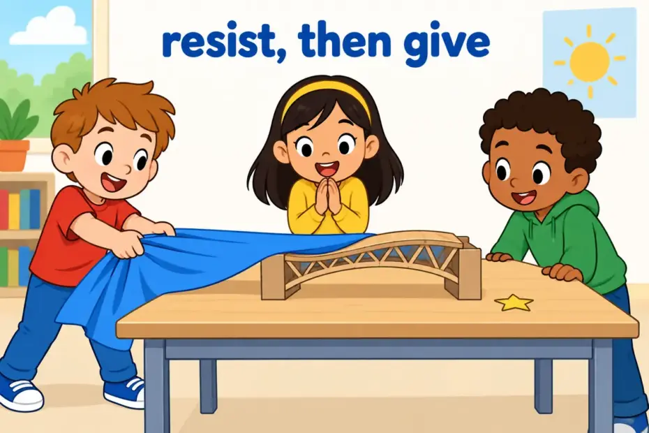 Cartoon children watch a cardboard bridge bend under a cloth wave, showing succumb in a sentence as giving in to a force.