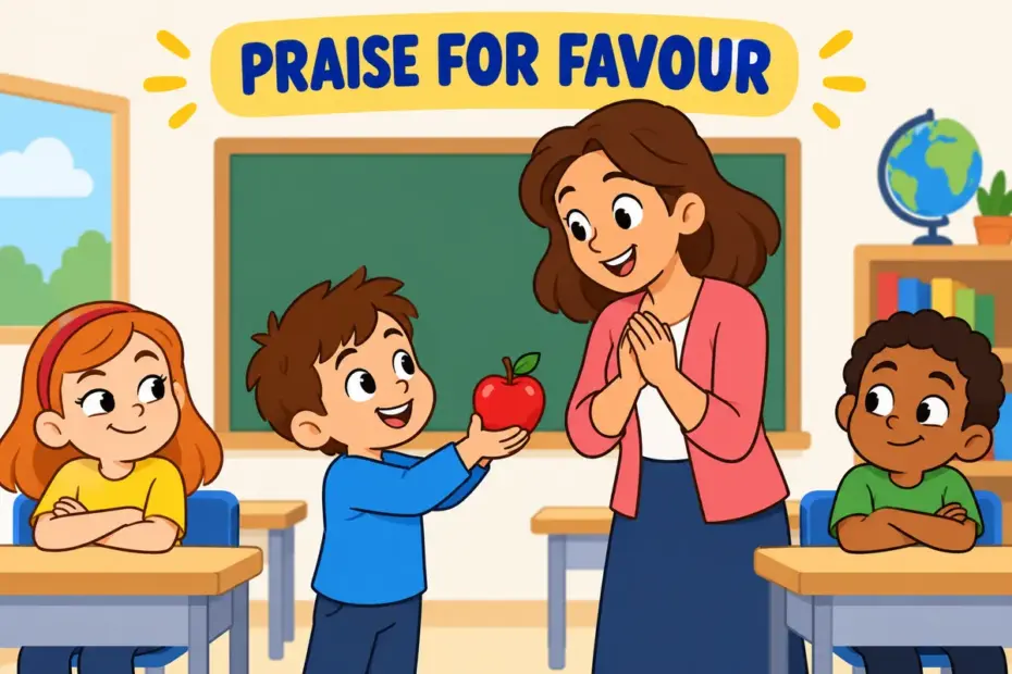 Cartoon pupil offers a shiny apple to a smiling teacher, illustrating suck up in a sentence as flattering someone to win favour.