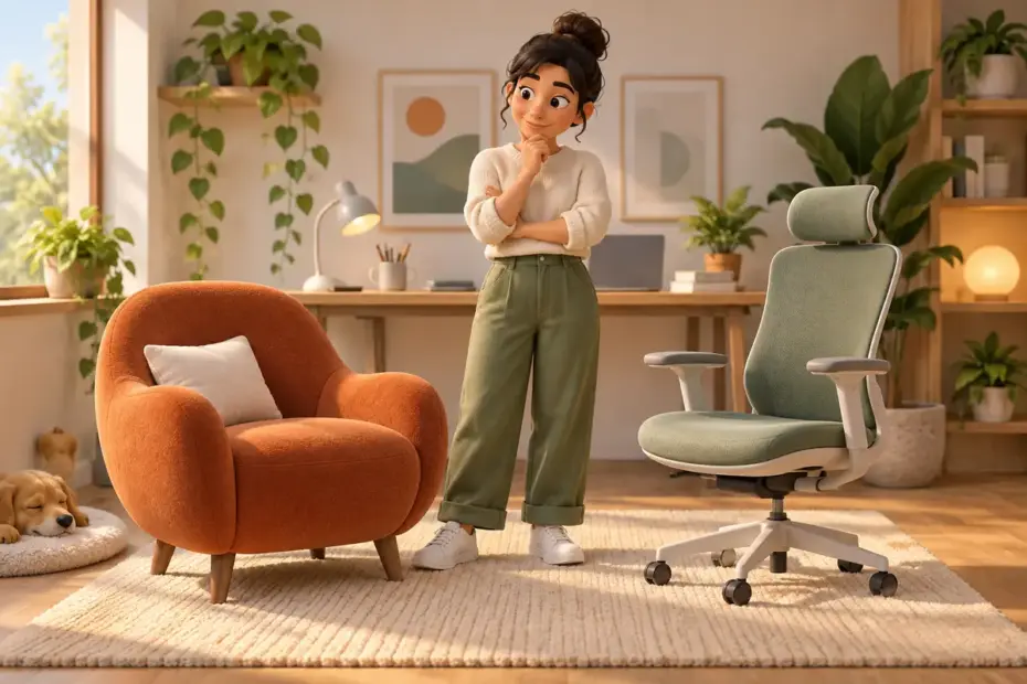 A person checks chairs against workspace needs.