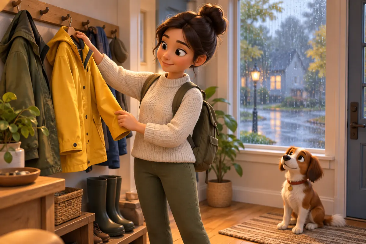 A walker considers clothing for rainy conditions.