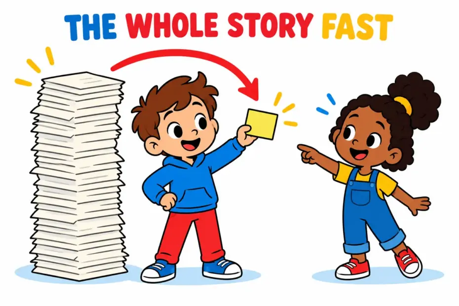 Cartoon child condenses a tall stack of notes into one small card, showing sum up in a sentence as giving a brief summary.