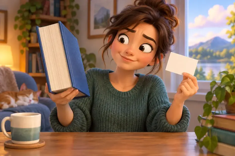 A reader compares a thick book with a short blank note card.