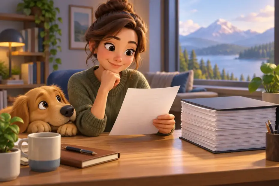 A reader reviews a short page beside a thick report.