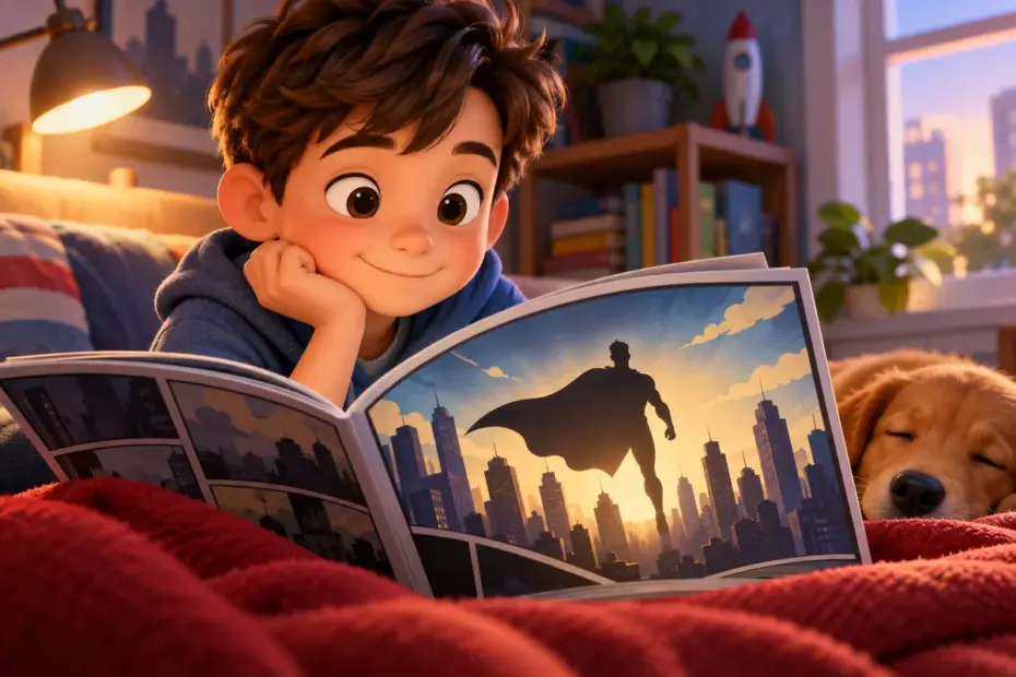 A child reads a generic comic featuring an original caped hero, with no recognizable franchise symbols.