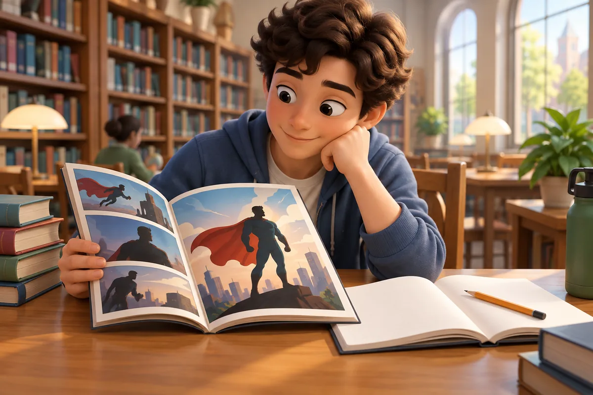 A student writes in a notebook beside a generic comic-book hero illustration without a logo.