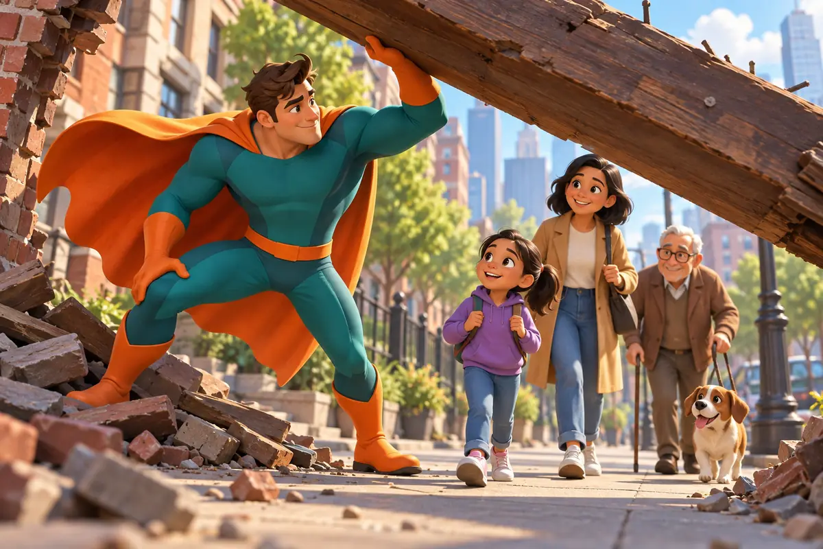 A young reader imagines an original caped hero lifting a fallen beam to help people in a city.