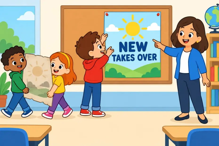 Cartoon pupils pin a bright new chart over an older one, showing supersede in a sentence as a newer version replacing an old one.