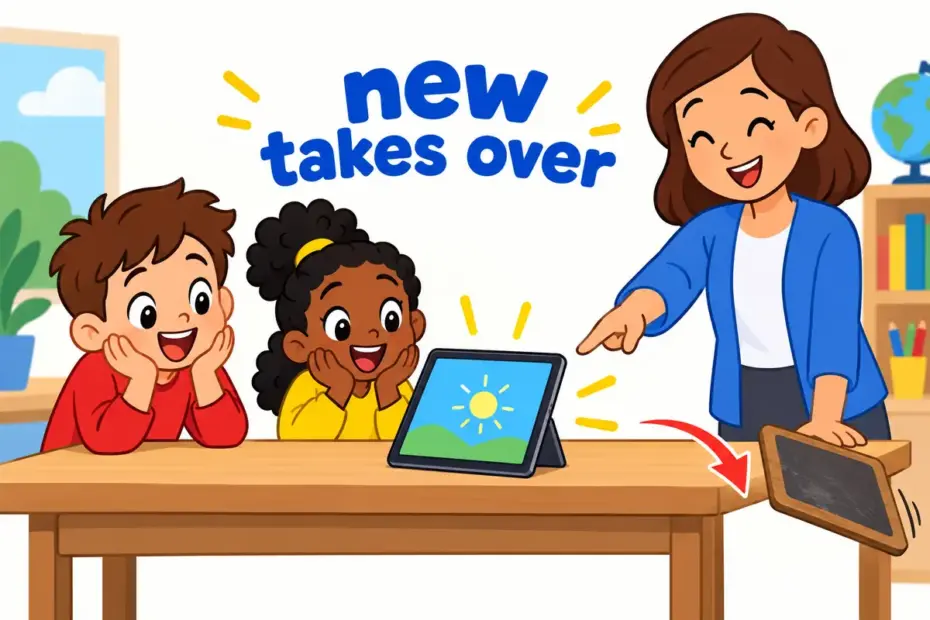 Cartoon children watch a shiny new machine take the place of an old one, teaching supplant in a sentence.