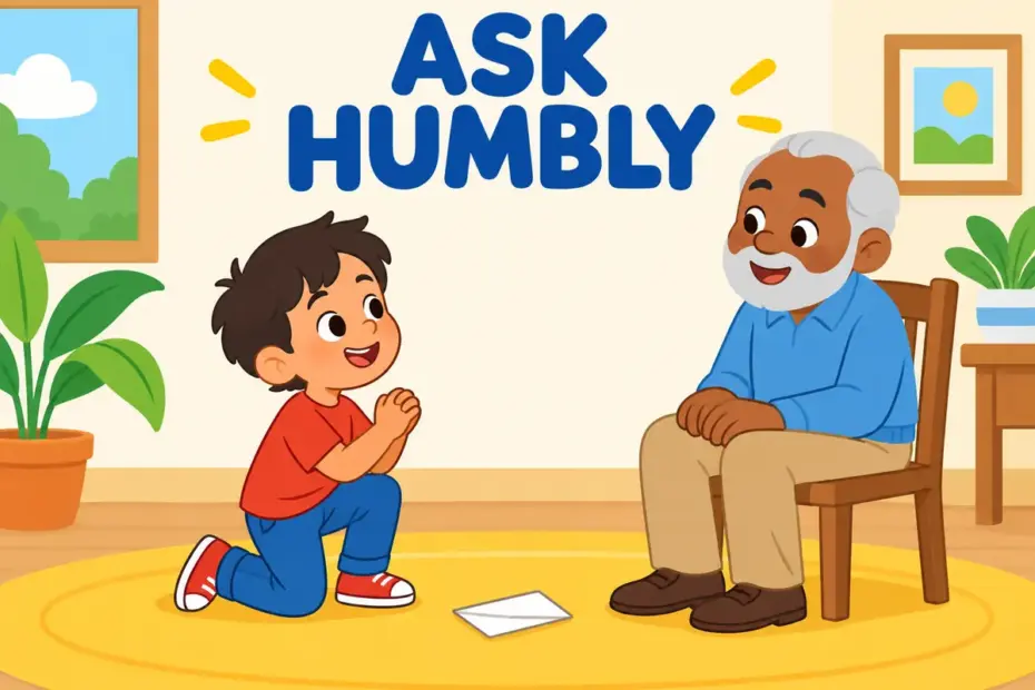 Cartoon child kneels gently with clasped hands before a friendly seated elder, illustrating supplicate in a sentence as a humble request.