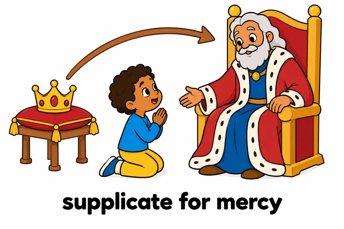 A cartoon child kneels gently before a friendly seated elder with clasped hands, showing supplicate followed by the person asked.