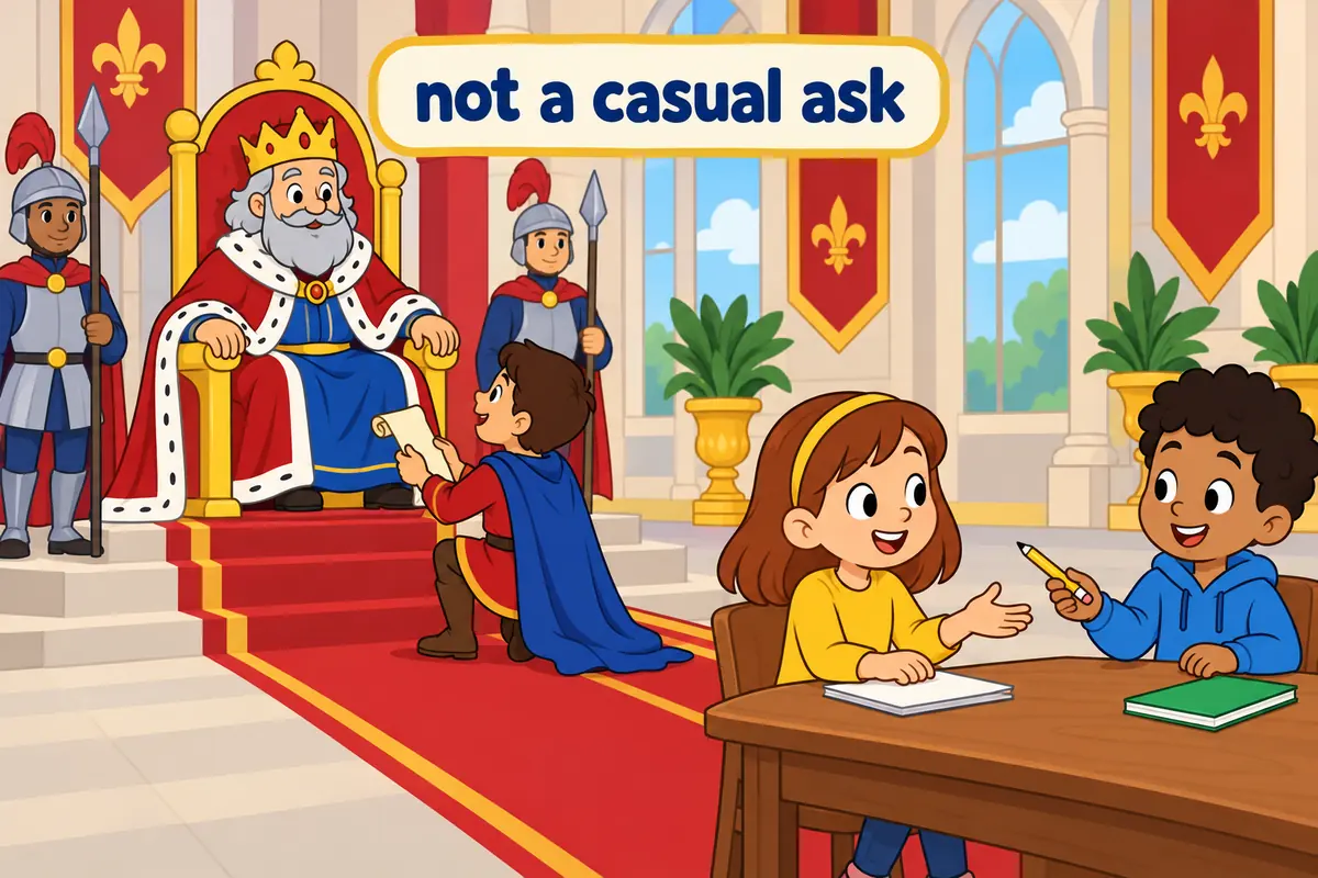 One unified cartoon scene illustrates Supplicate belongs to solemn, unequal petitions, not to casual everyday requests.