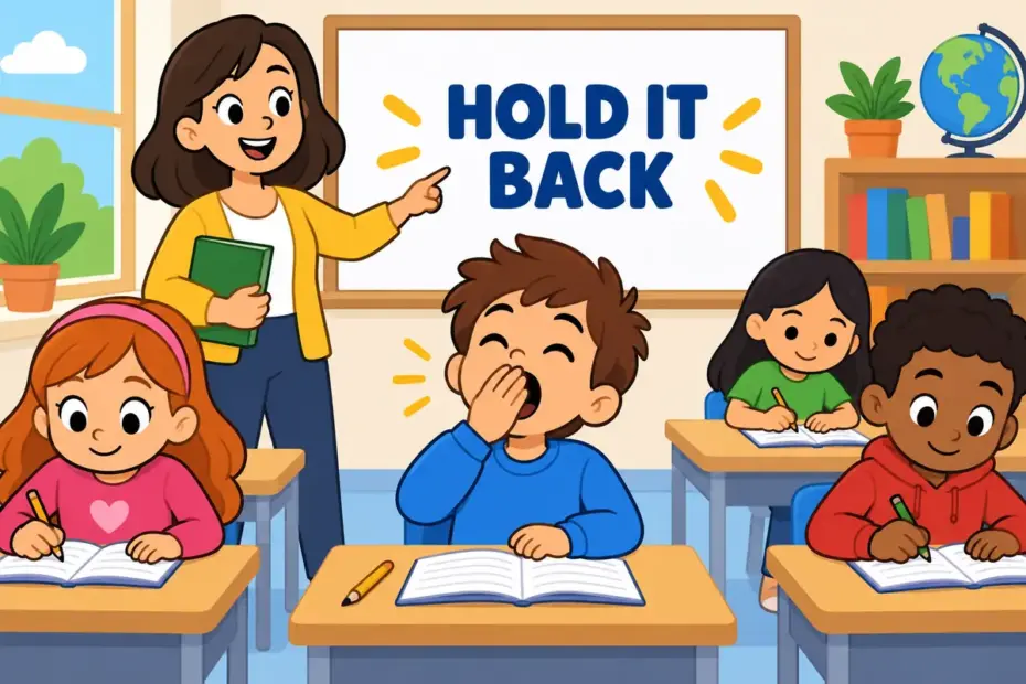 A cartoon pupil covers a yawn while a rule board stands behind, showing suppress in a sentence as holding something back.