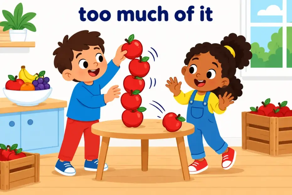 Cartoon children pile a table comedically high with apples, illustrating surfeit in a sentence as more than enough.