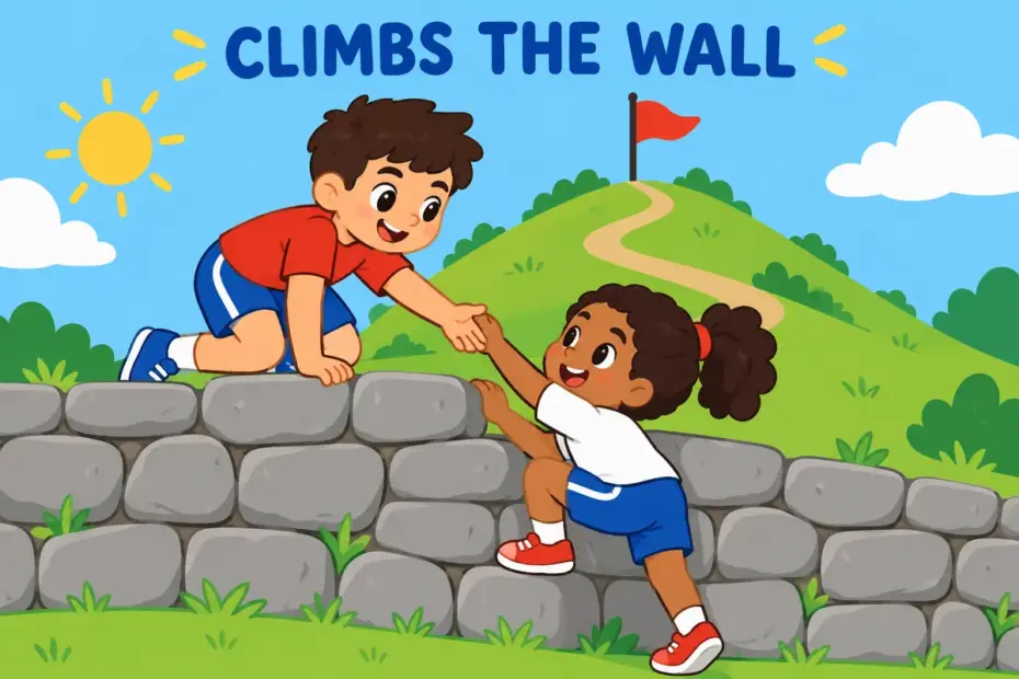 Cartoon children climb over a tall stone wall on a hill, showing surmount in a sentence as overcoming a barrier.