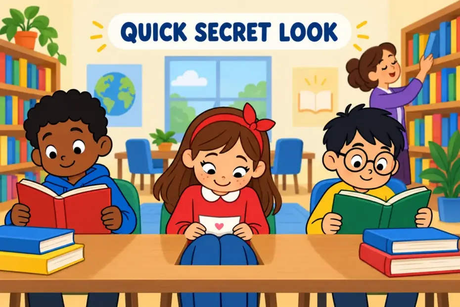 Cartoon pupils give surreptitious glances across a library table, showing surreptitious in a sentence as a quiet act.