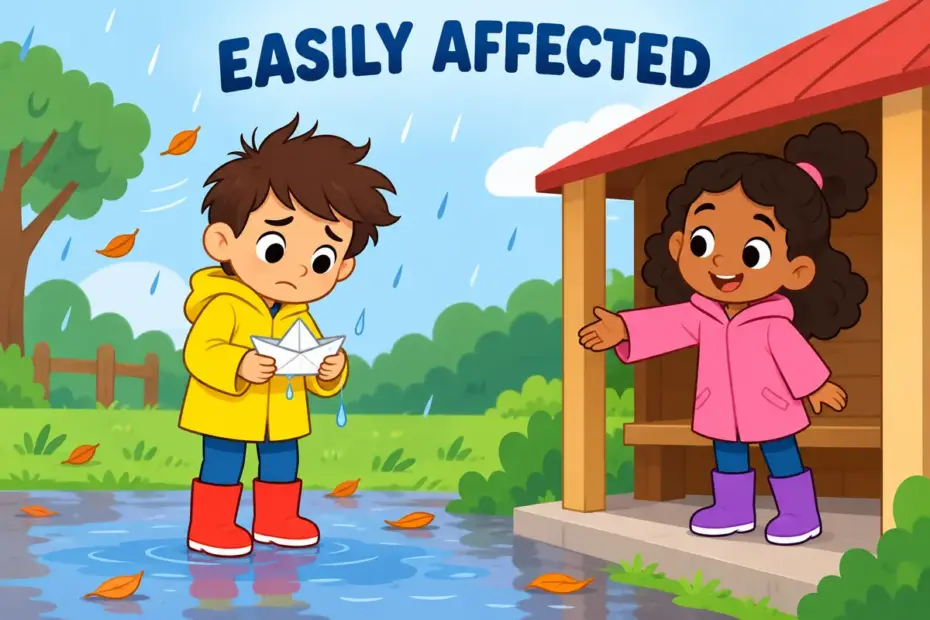 A paper boat is easily affected by weather, illustrating susceptible in a sentence without medical imagery.