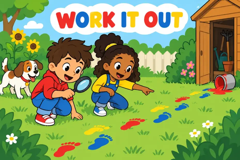 Cartoon children study a set of footprints, showing suss out in a sentence as working something out by careful observation.