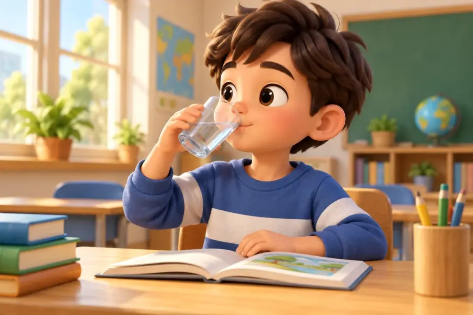 A child takes a small sip of water at a classroom desk.