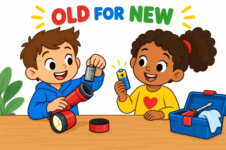 Cartoon children trade an old battery for a new one in a torch, showing swap out in a sentence as a one-for-one exchange.