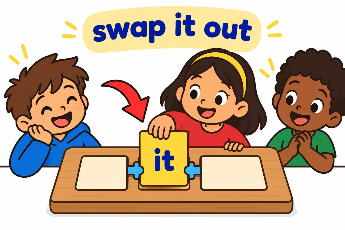 A cartoon hand slides a pronoun card between swap and out on a wooden board slot.