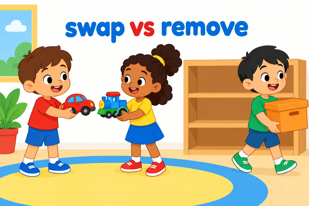A single cartoon scene contrasts a part being exchanged one for one with a part simply removed and discarded.