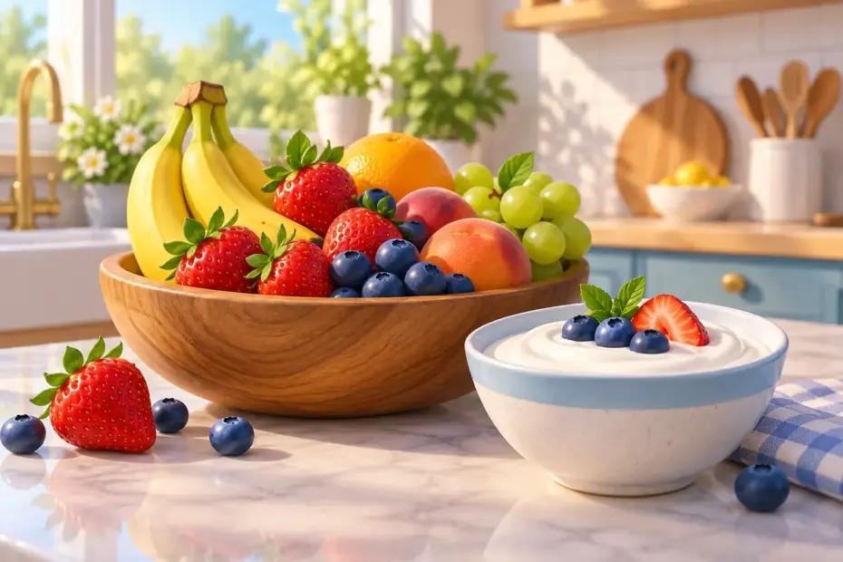 Fresh fruit sits beside tart yogurt in a bright kitchen.