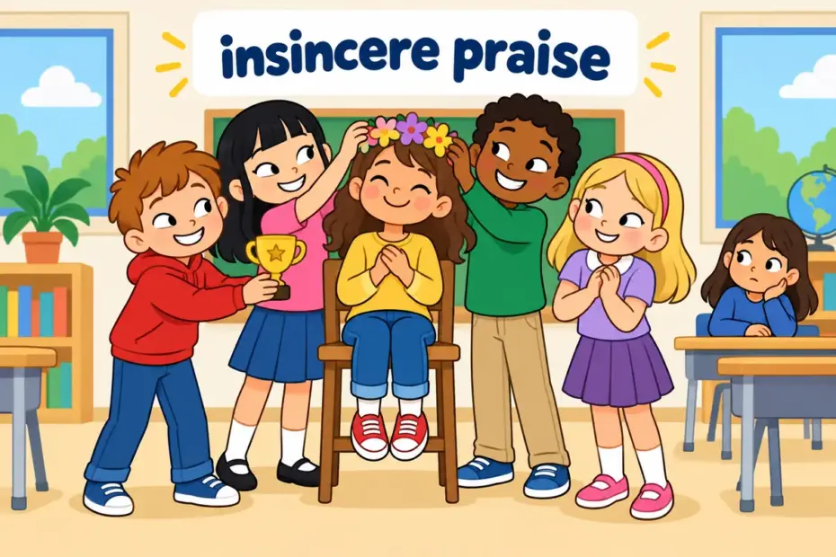 Cartoon children crowd a seated leader with compliments, showing sycophant in a sentence as insincere flattery.