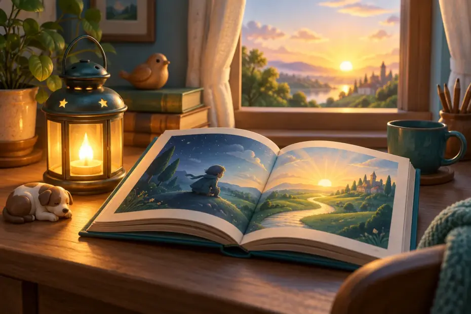 A glowing lantern beside an open storybook suggests hope in a gentle 3D scene.