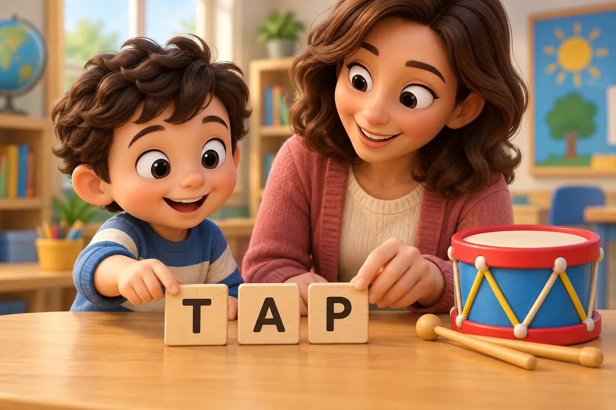An adult and learner build the word TAP with letter tiles.