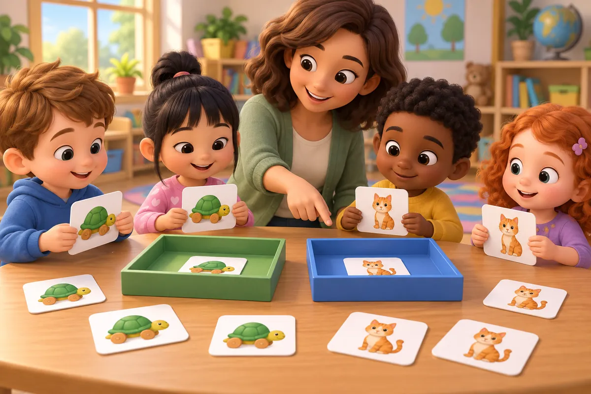 Children sort picture cards with a teacher.