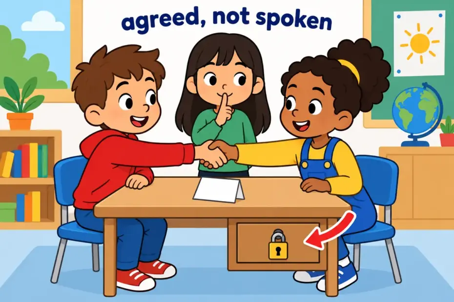 Cartoon children shake hands beside a blank folded paper, showing tacit in a sentence as an agreement nobody states aloud.