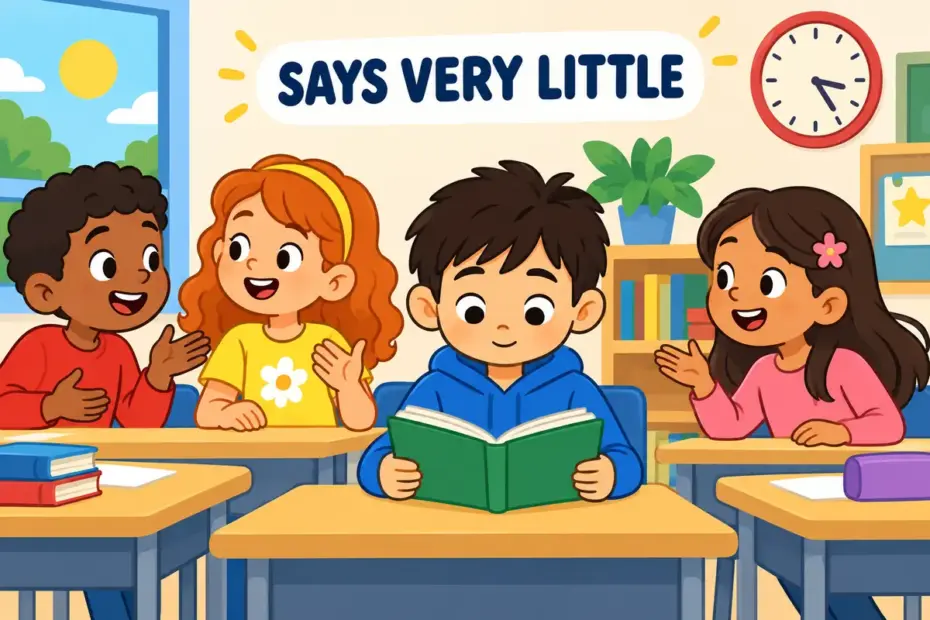 Cartoon boy sits quietly with a closed book while classmates chat, showing taciturn in a sentence as a silent habit.